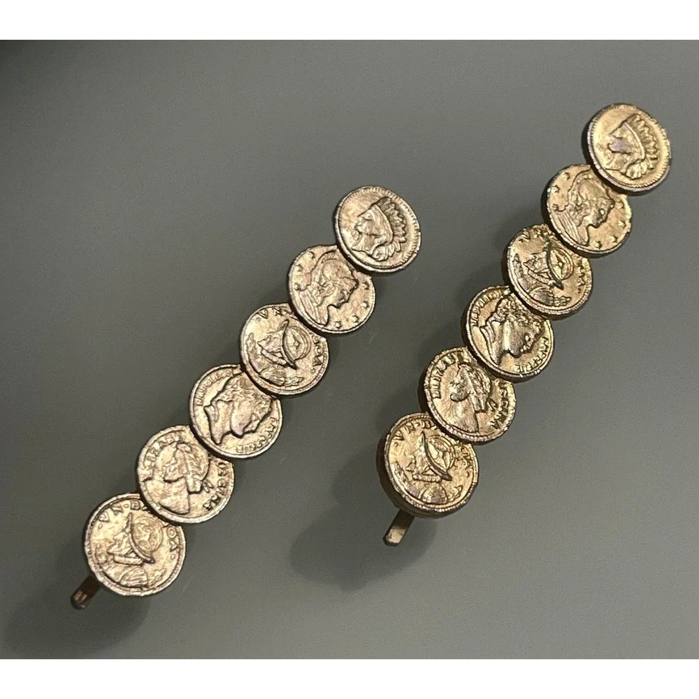Vintage Coin Hair Clips Bobby Pin Set of 2 Gold Tone Medallion Roman Jewelry
